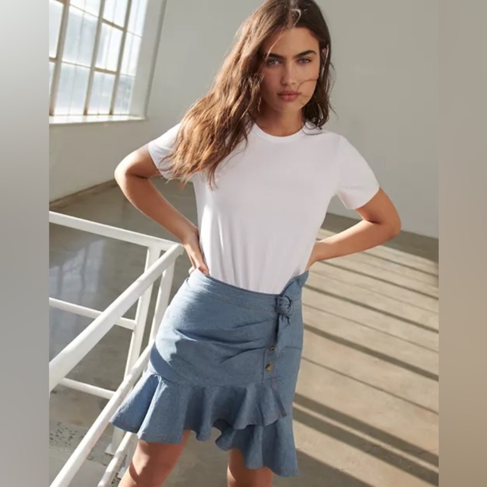 Veronica Beard Bari White Tee Chambray Tie Waist Ruffle Dress M